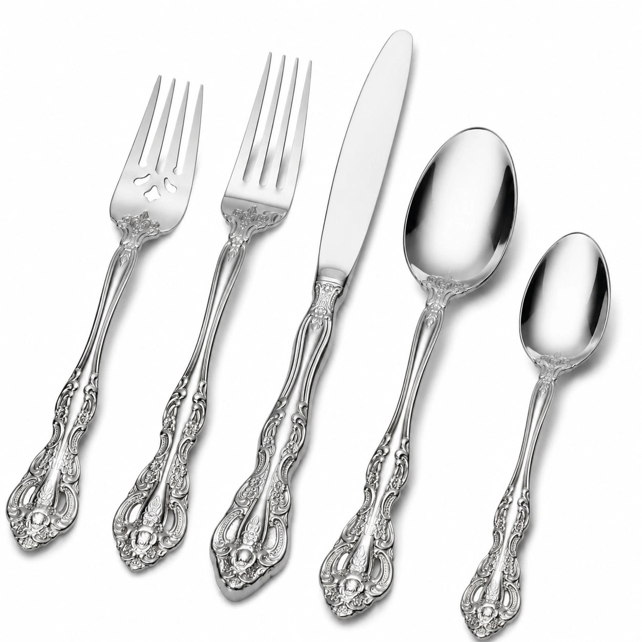 Besteckset 5-teilig Edelstahl Silber mit ornamentiertem Griff für Tischgedeck