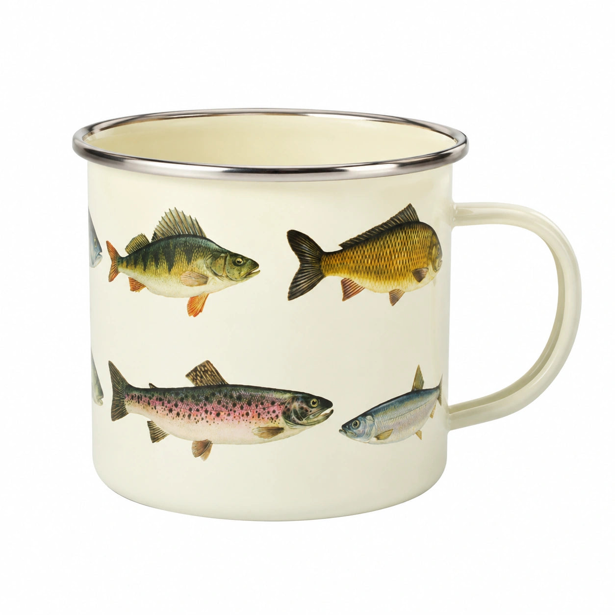 Emailletasse 350 ml 8 x 8 cm cremefarben mit Fischmotiv für Heiß- und Kaltgetränke