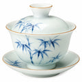 Gaiwan Teeschale 10.5 cm aus Porzellan Weiß Blau mit Bambusdekor und Deckel