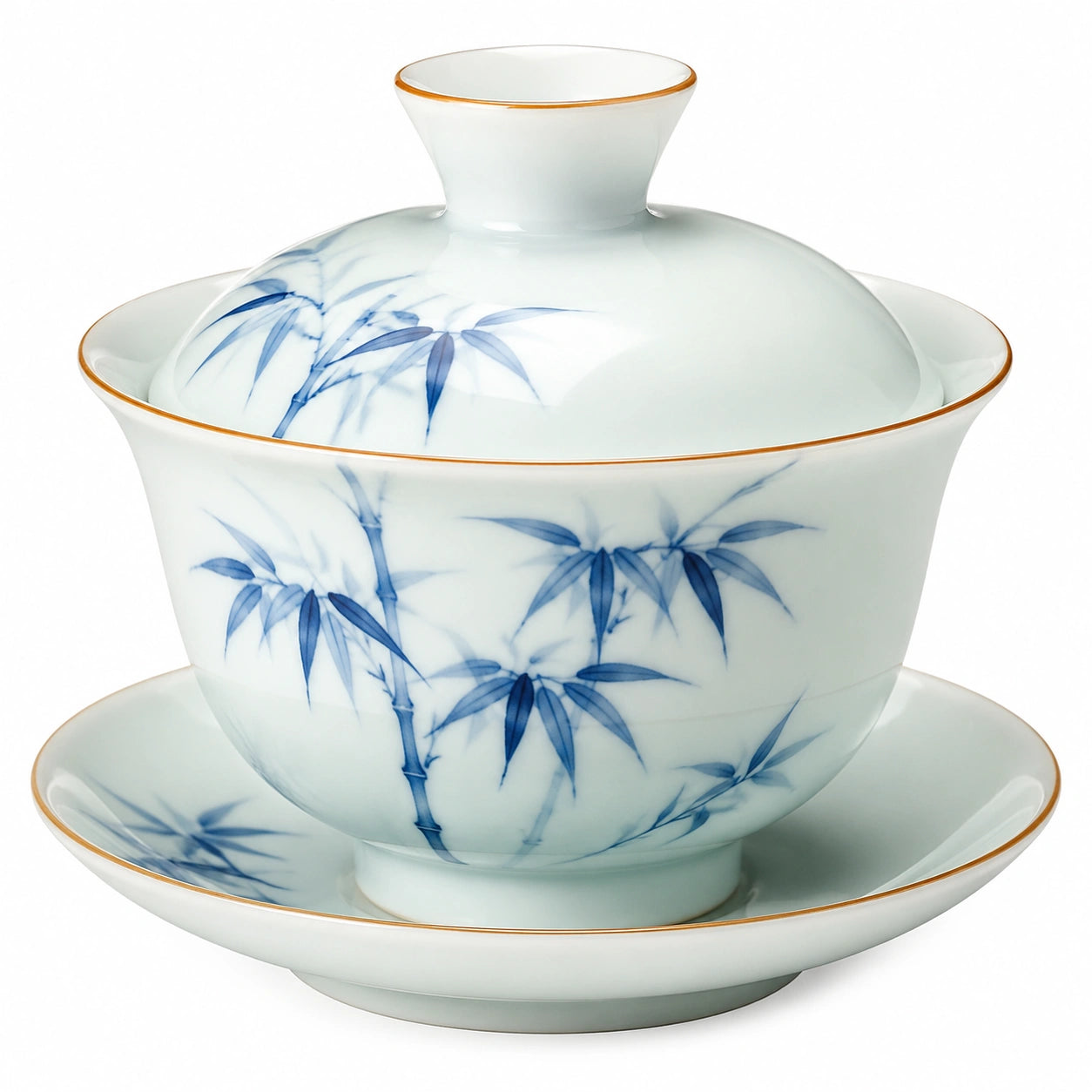 Gaiwan Teeschale 10.5 cm aus Porzellan Weiß Blau mit Bambusdekor und Deckel