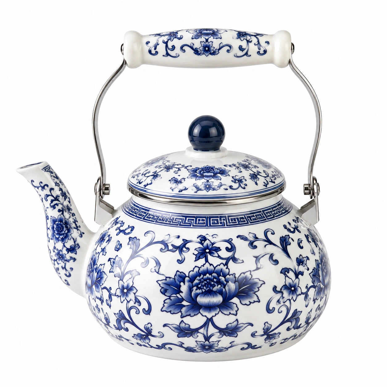 Teekanne 1200 ml aus Porzellan Weiß Blau mit Blumenmuster und Metallhenkel