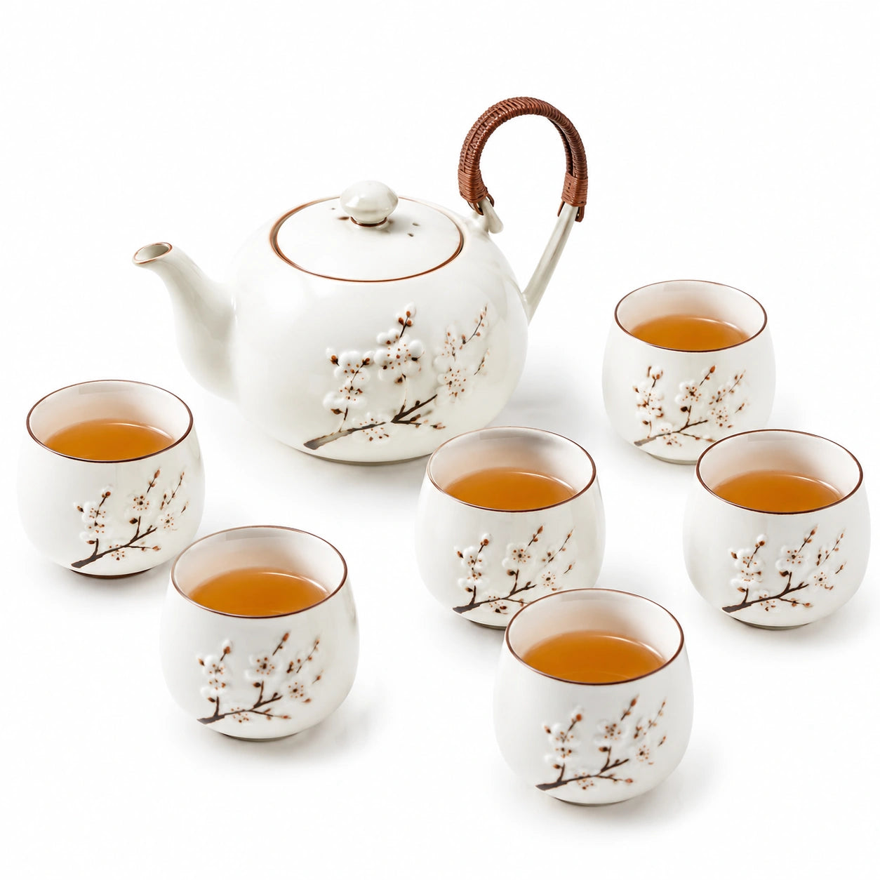 Teeservice 7-teilig 800 ml Porzellan Weiß Braun mit Blütenmotiv und geflochtenem Griff