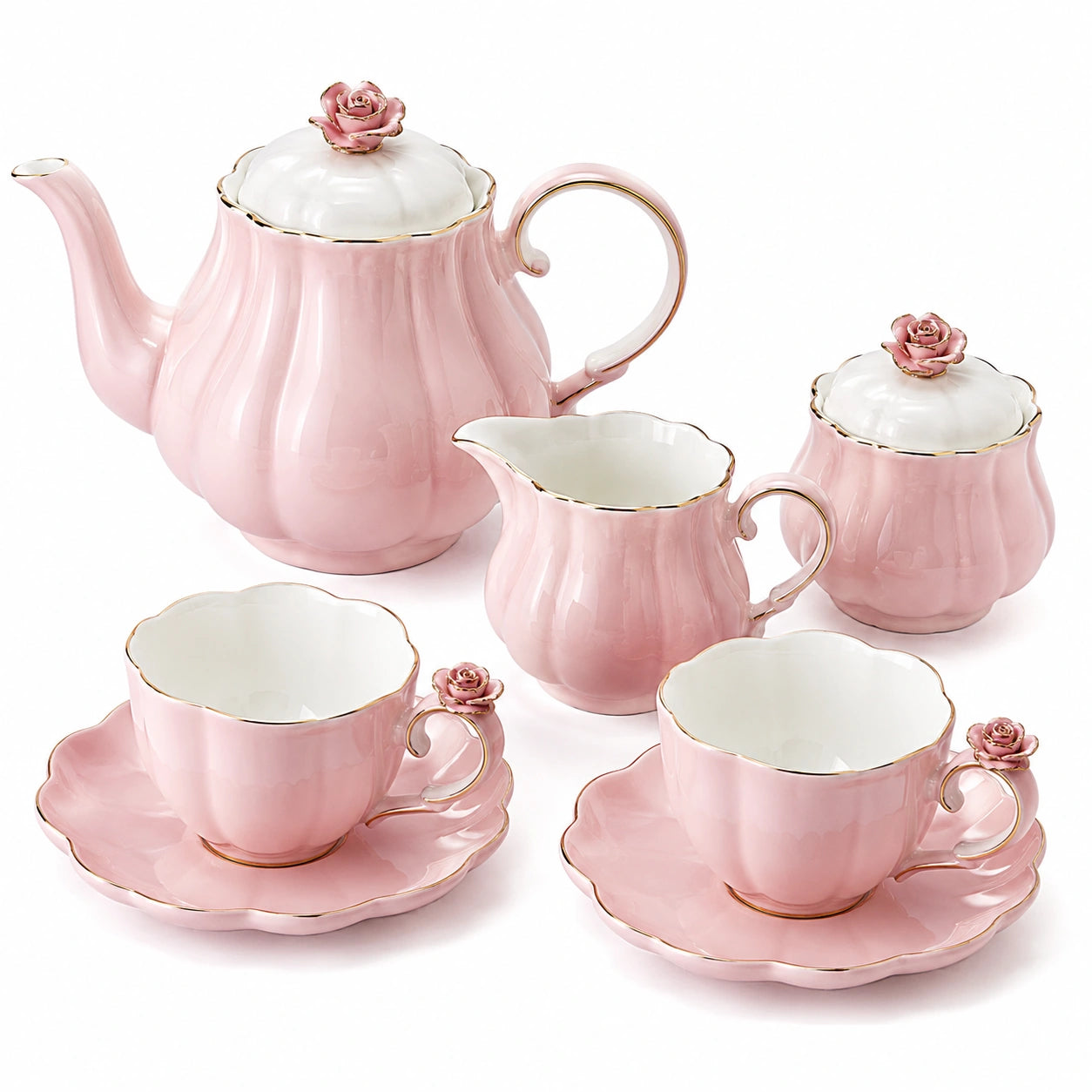 8-teiliges Teeservice für 2 Personen aus Keramik Rosa mit Goldrand Blumenstil