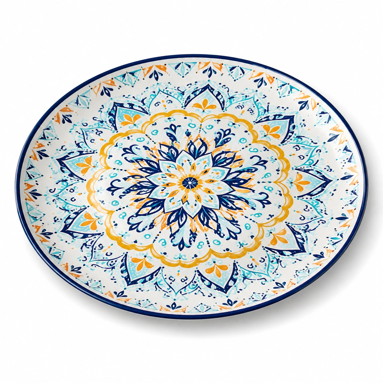 Keramikteller 30 cm Weiß Blau Gelb mit floralem Muster rund
