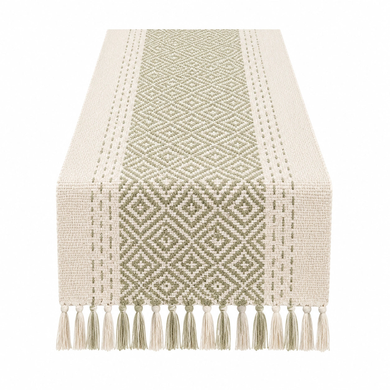 Tischläufer 180 x 33 cm aus Textilgewebe Beige Grün gewebt mit Rautenmuster und Fransen