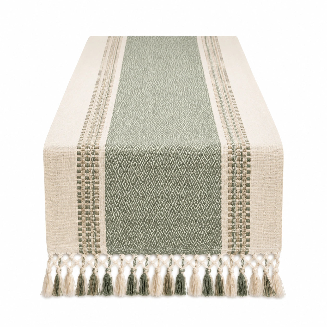Tischläufer 180 x 33 cm Textilgewebe Grün Beige mit Fransen im Boho-Stil